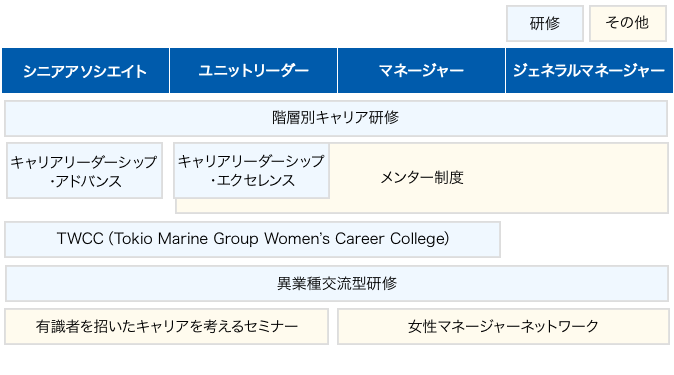 研修：シニアアソシエイトクラス以下、ユニットリーダークラス、マネージャークラス、ジェネラルマネージャークラスを対象に、階層別キャリア研修、異業種交流型研修があります。シニアアソシエイトクラスを対象に、キャリリーダーシップ・アドバンスがあります。ユニットリーダークラスを対象に、キャリアリーダーシップ・エクセレンスがあります。シニアアソシエイトクラス以下、ユニットリーダークラス、マネージャークラスを対象に、TWCC(Tokio Marine Group Women's Career College)があります。その他：ユニットリーダークラス以下、マネージャークラス、ジェネラルマネージャークラスを対象に、メンター制度があります。シニアアソシエイトクラス以下、マネージャークラスを対象に、有識者を招いたキャリアを考えるセミナーがあります。マネージャークラス、ジェネラルマネージャークラスを対象に、女性マネージャーネットワークがあります。