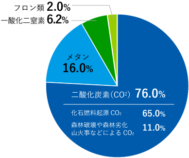 二酸化炭素(CO2)76.0%(化石燃料起源が65.0%、森林破壊や森林劣化 山火事などが11.0%)、メタン16.0%、一酸化二窒素6.2%、フロン類2.0%