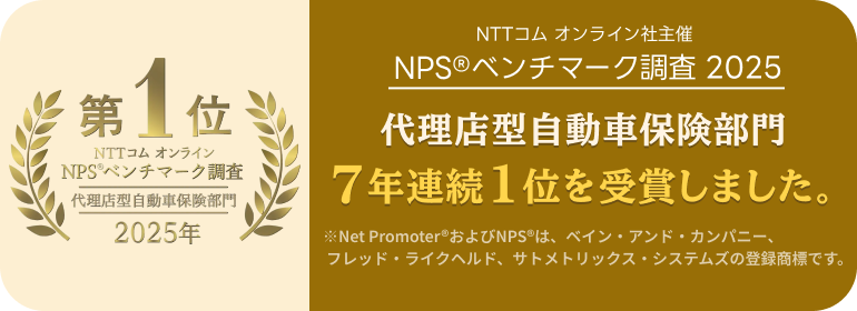 NTTコム オンライン社主催 NPS®ベンチマーク調査 2025 代理店型自動車保険部門7年連続1位を受賞しました。 ※Net Promoter®およびNPS®は、ベイン・アンド・カンパニー、フレッド・ライクヘルド、サトメトリックス・システムズの登録商標です。