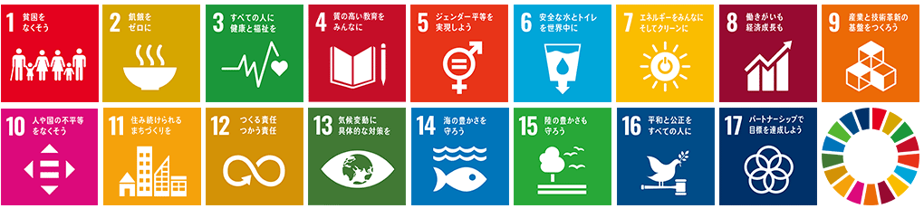 目標1:貧困をなくそう 目標2:飢餓をゼロに 目標3:すべての人に健康と福祉を 目標4:質の高い教育をみんなに 目標5:ジェンダー平等を実現しよう 目標6:安全な水とトイレを世界中に 目標7:エネルギーをみんなに そしてクリーンに 目標8:働きがいも 経済成長も 目標9:産業と技術革新の基盤をつくろう 目標10:人や国の不平等をなくそう 目標11:住み続けられるまちづくりを 目標12:つくる責任 つかう責任 目標13:気候変動に具体的な対策を 目標14:海の豊かさを守ろう 目標15:陸の豊かさも守ろう 目標16:平和と公正をすべての人に 目標17:パートナーシップで目標を達成しよう