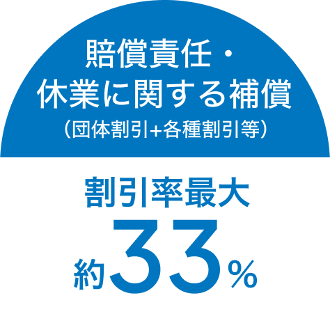 賠償責任に関する補償(団体割引＋各種割引等) 割引率最大約33%  休業に関する補償(団体割引＋各種割引等) 割引率最大約20%