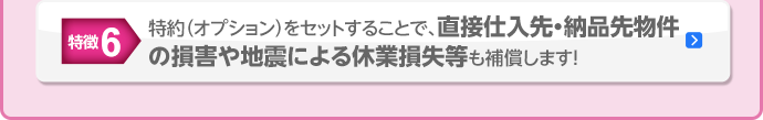 特徴6 特約(オプション)をセットすることで、直接仕入先・納品先物件の損害や地震による休業損失等も補償します！