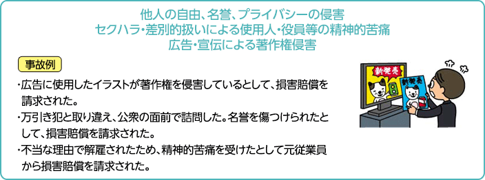 他人の自由、名誉、プライバシーの侵害セクハラ・差別的扱いによる使用人・役員等の精神的苦痛広告・宣伝による著作権侵害