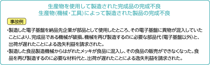 生産物を使用して製造された完成品の完成不良、生産物(機械・工具)によって製造された製品の完成不良