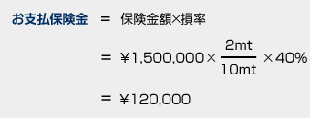 お支払保険金＝保険金額×損率＝\1,500,000×2mt/10mt×40％＝\120,000