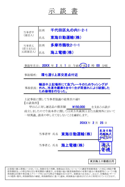 「示談書」記入例