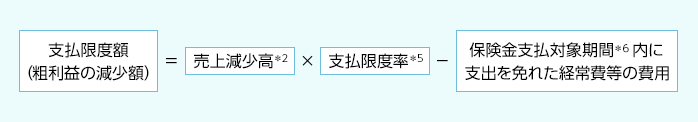 支払限度額（粗利益の減少額） = 売上減少高*2 × 支払限度率*5 - 保険金支払対象期間内に支出を免れた経常費等の費用