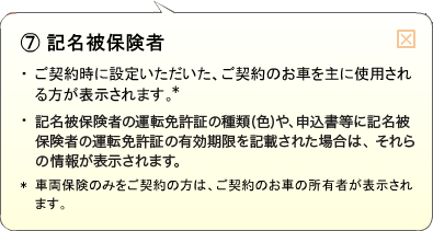 （7）記名被保険者 ・ご契約時に設定いただいた、ご契約のお車を主に使用される方が表示されます。* ・記名被保険者の運転免許証の種類(色)や、申込書等に記名被保険者の運転免許証の有効期限を記載された場合は、それらの情報が表示されます。*車両保険のみをご契約の方は、ご契約のお車の所有者が表示されます。