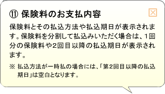 （11）保険料のお支払内容 保険料とその払込方法や払込期日が表示されます。保険料を分割して払込みいただく場合は、1回分の保険料や2回目以降の払込期日が表示されます。※払込方法が一時払の場合には、「第2回目以降の払込期日」は空白となります。