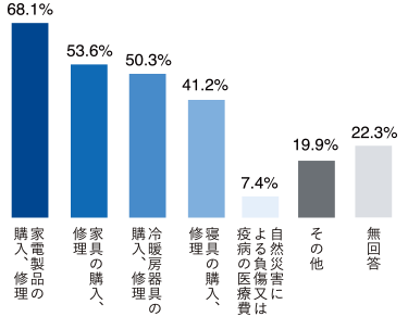 家電製品の購入、修理 68.1% 家具の購入、修理 53.6% 冷暖房器具の購入、修理 50.3% 寝具の購入、修理 41.2% 自然災害による負傷又は疫病の医療費7.4% その他 19.9% 無回答 22.3%