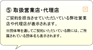 （5）取扱営業店・代理店 ご契約を担当させていただいている弊社営業店や代理店が表示されます。※団体等を通してご契約いただいている際には、ご所属されている団体名も表示されます。