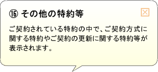 （16）その他の特約等 ご契約されている特約の中で、ご契約方式に関する特約やご契約の更新に関する特約等が表示されます。