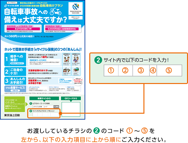 お渡ししているチラシの緑色の丸2のコード①～⑤を左から、以下の入力項目に上から順にご入力ください。