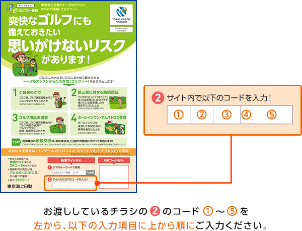 お渡ししているチラシのピンク色の丸2のコード①～⑤を左から、以下の入力項目に上から順にご入力ください。