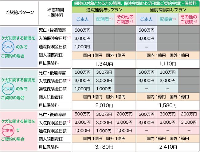 3つのご契約パターン、補償項目と保険料、保険の対象となる方の範囲、保険金額および日額(ご契約金額)・保険料を記載した表です。
