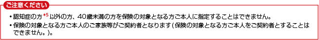 ご注意ください ・認知症の方*5以外の方、40歳未満の方を保険の対象となる方ご本人に指定することはできません。・保険の対象となる方ご本人のご家族等がご契約者となります(保険の対象となる方ご本人をご契約者とすることはできません。)。