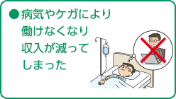 病気やケガ
により働けなくなり収入が減ってしまった