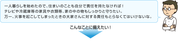 一人暮らしを始めたので、住まいのことも自分で責任を持たなければ！テレビや冷蔵庫等の家具や衣類等、家の中の物もしっかりと守りたい。万一、火事を起こしてしまったときの大家さんに対する責任もとらなくてはいけないな。 こんなことに備えたい！