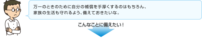 万一のときのために自分の補償を手厚くするのはもちろん、家族の生活も守れるよう、備えておきたいな。 こんなことに備えたい！