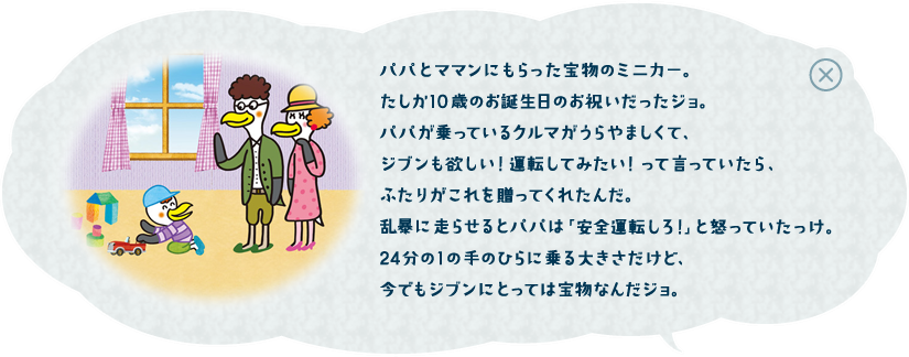 パパとママンにもらった宝物のミニカー。たしか１０歳のお誕生日のお祝いだったジョ。パパが乗っているクルマがうらやましくて、ジブンも欲しい！運転してみたい！って言っていたら、ふたりがこれを贈ってくれたんだ。乱暴に走らせるとパパは「安全運転しろ！」と怒っていたっけ。２４分の１の手のひらに乗る大きさだけど、今でもジブンにとっては宝物なんだジョ。