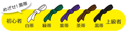 めざせ！黒帯　初心者　白帯、緑帯、紫帯、茶帯、黒帯　上級者