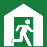 2つの図形で、家にドアがある形で、その内側に向かって人が走る姿を配置