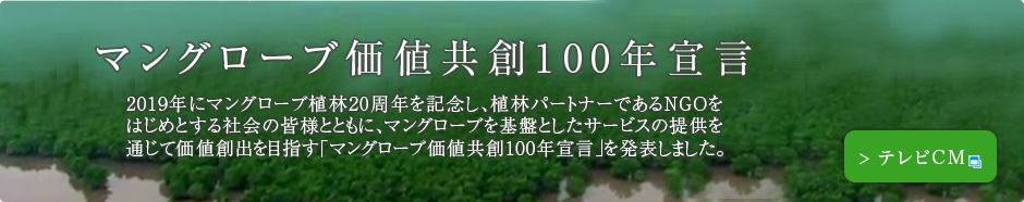 マングローブ価値共創100年宣言 2019年にマングローブ植林20周年を記念し、植林パートナーであるのNGOをはじめとする社会の皆様とともに、マングローブを基盤としたサービスの提供を通じて価値創出を目指す「マングローブ価値共創100年宣言」を発表しました。