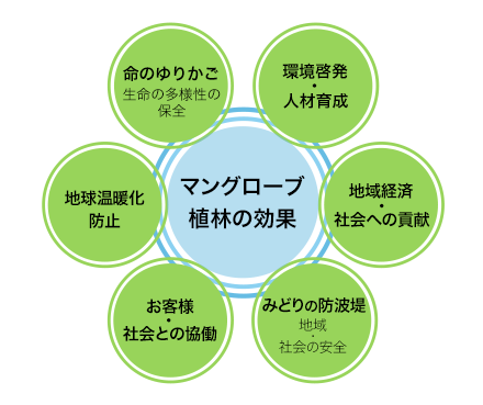 マングローブ植林の効果 環境啓発・人材育成 地域経済・社会への貢献 みどりの防波堤 地域・社会の安全 お客さま・社会との協働 地球温暖化防止 命のゆりかご 生物多様性の保全