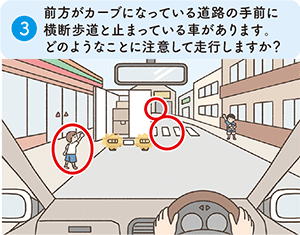 (3)前方がカーブになっている道路の手前に横断歩道と止まっている車があります。どのようなことに注意して走行しますか？