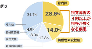 図2：視覚障害の4割以上が視野が狭くなる疾患 緑内障28.6％ 網膜色素変性症14.0％ 糖尿病網膜症12.8％ 黄斑変性8.0％ 脈絡膜萎縮4.9％ その他31.7％