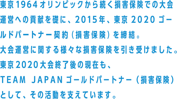 東京1964オリンピックから続く損害保険での大会運営への貢献を礎に、2015年、東京2020ゴールドパートナー契約（損害保険）を締結。東京2020大会終了後の現在も、TEAM JAPANゴールドパートナー（損害保険）として、その活動を支えています。